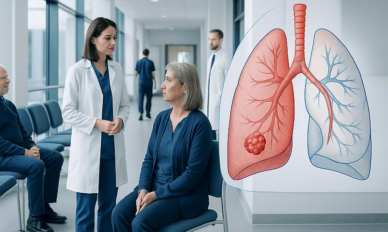 Doctor consulting a patient about lung health and cancer risks.