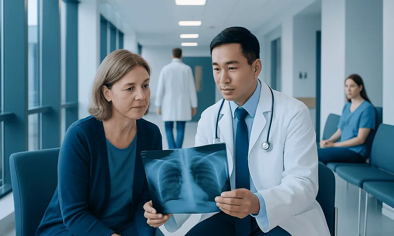 Doctor explaining lung X-ray results to a patient in a hospital corridor.