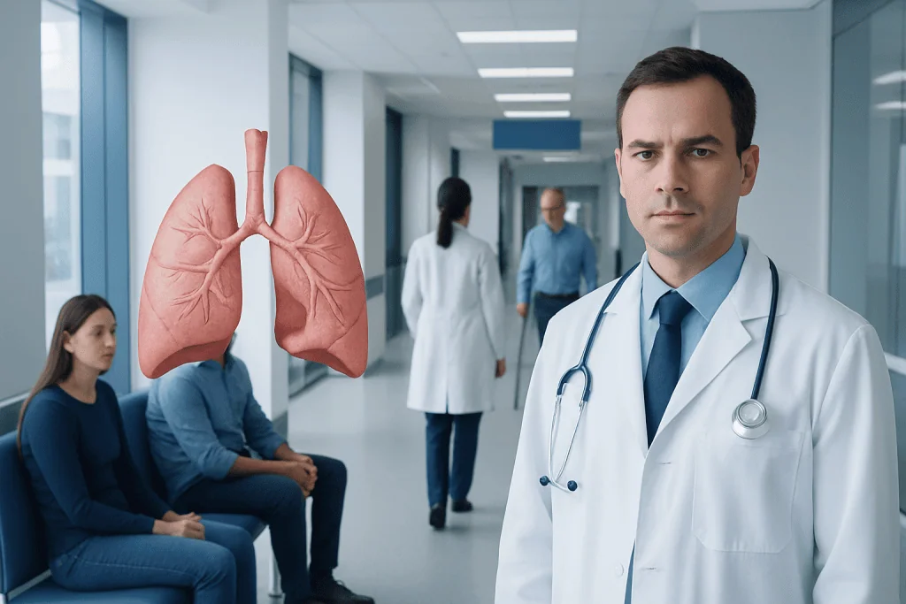 Lung Infections: Types, Symptoms, and When Treatment Is Urgent 1 Doctor with stethoscope in hospital corridor with lungs illustration.
