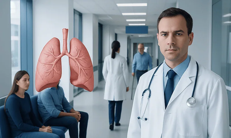 Doctor with stethoscope in hospital corridor with lungs illustration.