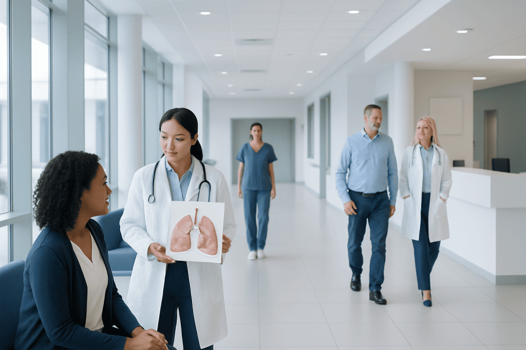 Lung Infections: Types, Symptoms, and How They Are Diagnosed 1 Doctors discussing lung health in a hospital corridor.