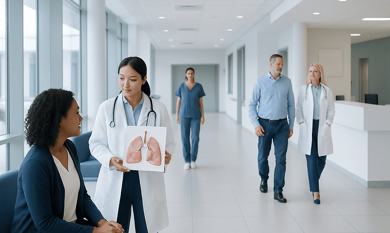 Doctors discussing lung health in a hospital corridor.