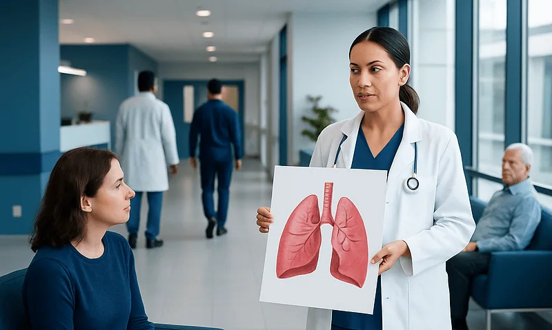 Doctor explaining lung health with a diagram to a patient in hospital corridor.