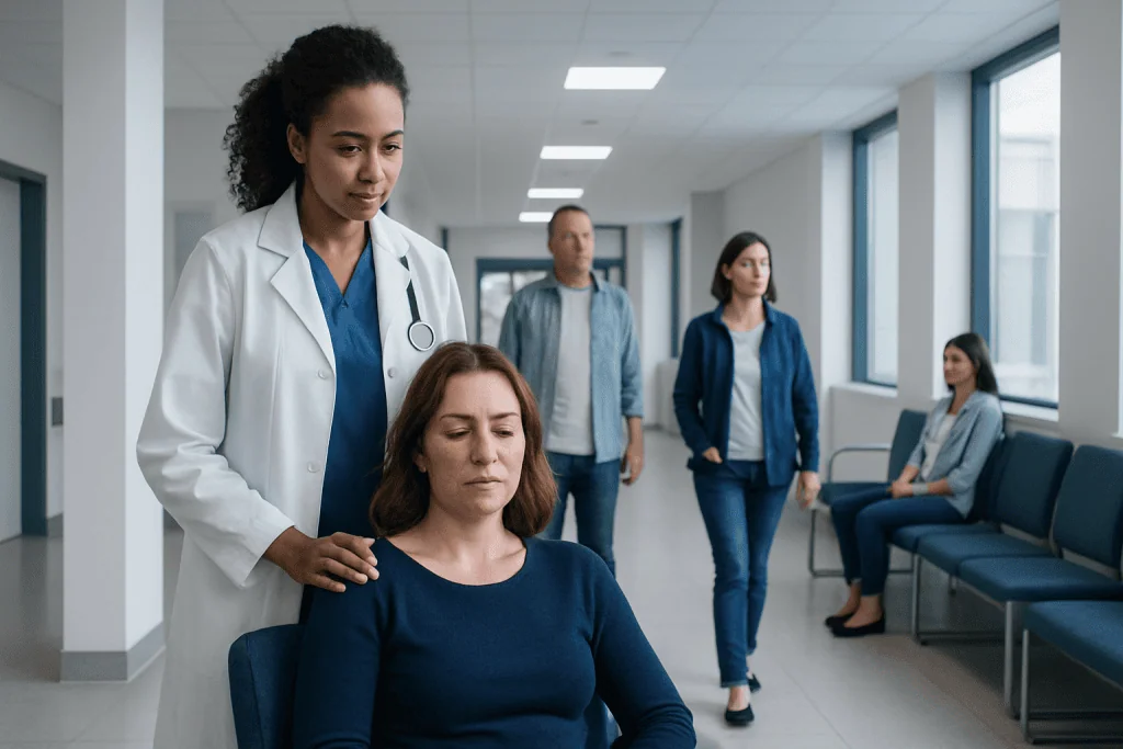 Lupus Flares: Common Triggers, Warning Signs, and Daily Self-Care 1 Doctor providing emotional support to a patient in a hospital corridor.