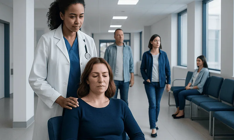 Doctor providing emotional support to a patient in a hospital corridor.