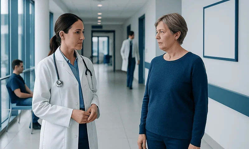 Doctor talking to a patient in a hospital corridor.