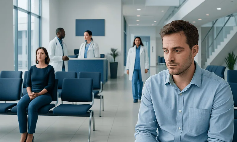 Man waiting in a hospital lobby with medical staff in the background.