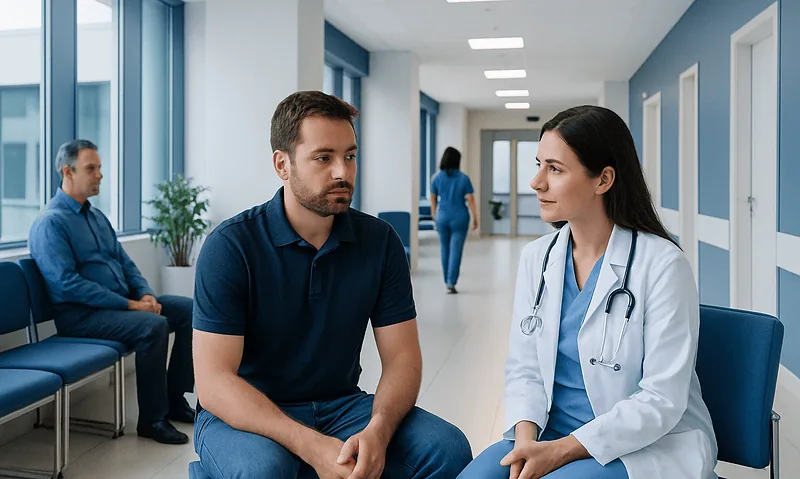 Doctor consulting male patient in a hospital corridor.