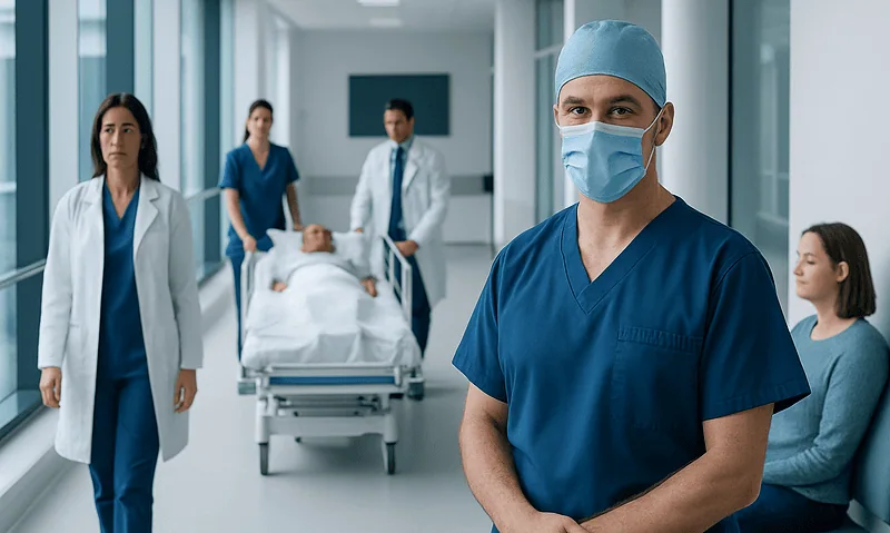 Medical team in hospital corridor with patient on bed and healthcare professionals.
