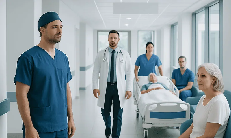 Medical team preparing for patient care in hospital corridor.