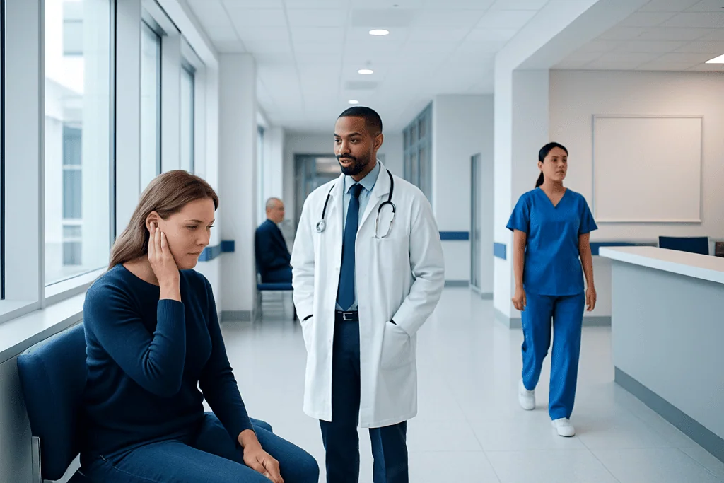 Mastoiditis: Warning Signs of a Serious Ear Infection Complication 1 Doctor consulting a patient in a hospital corridor with nurses nearby.