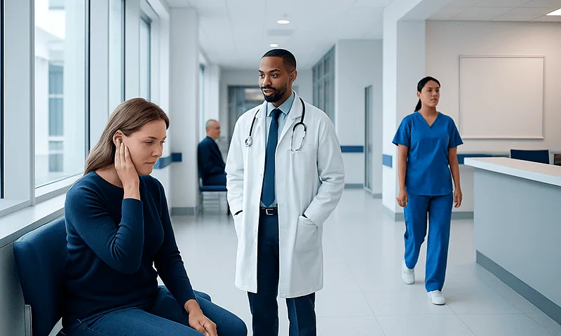 Doctor consulting a patient in a hospital corridor with nurses nearby.