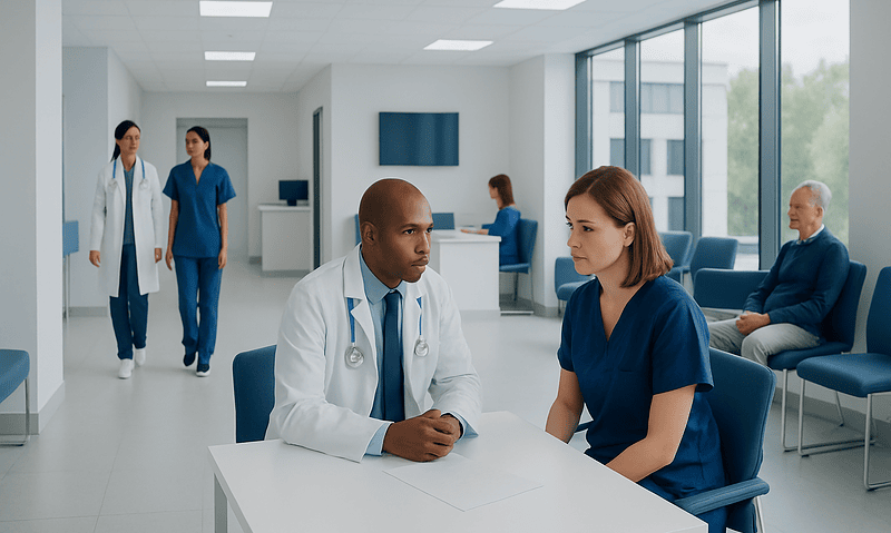 Medical professionals consulting in a modern hospital waiting area.