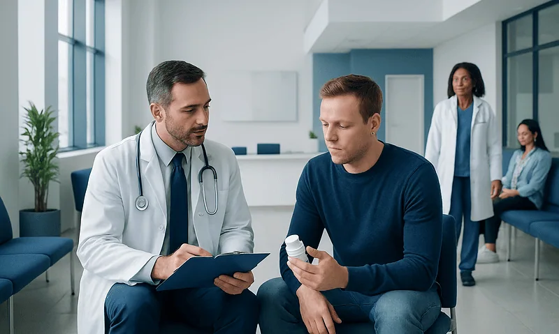 Doctor consulting with patient about medication options in a hospital setting.