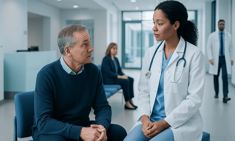 Doctor consulting with elderly patient in hospital setting.