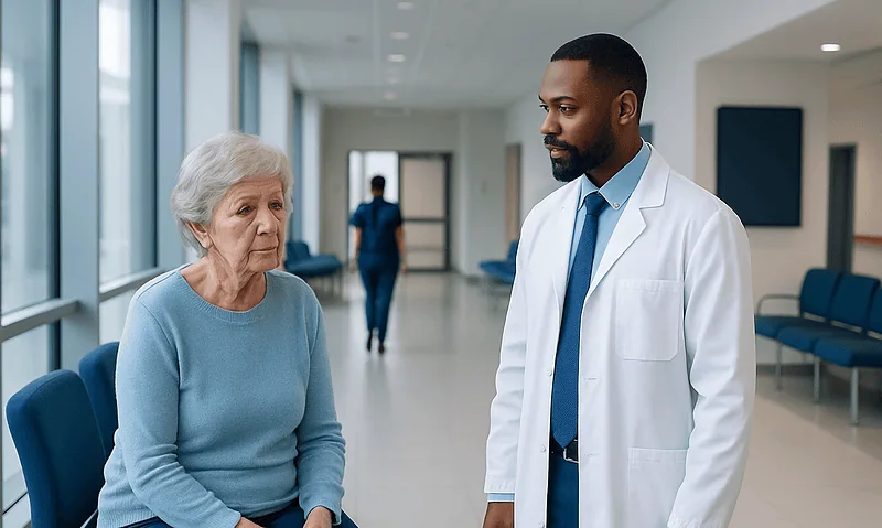 Elderly woman consulting with a doctor in a hospital corridor.
