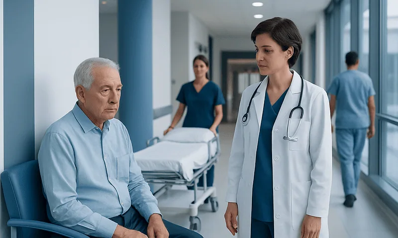 Doctor consulting elderly patient in hospital corridor.