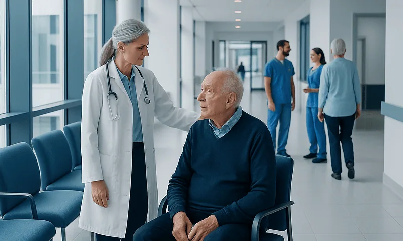 Doctor consulting with elderly patient in hospital corridor.