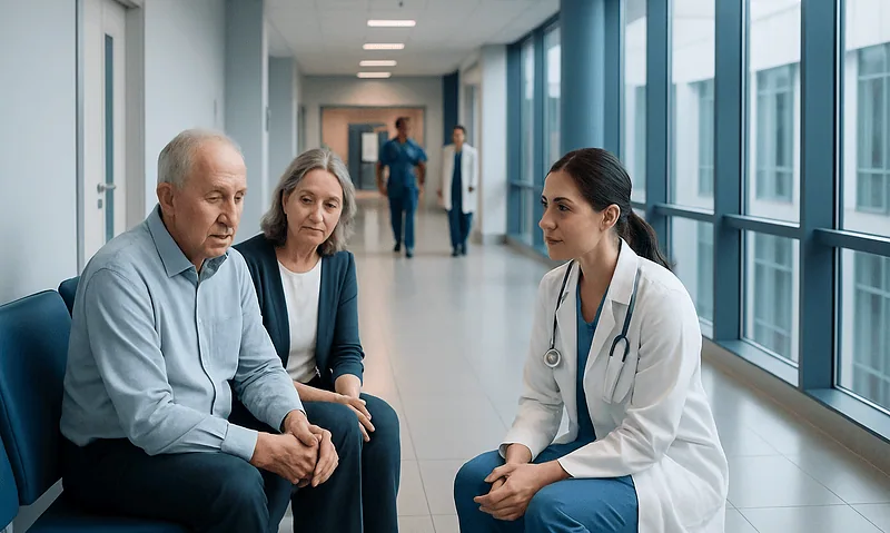 Elderly patients consulting with a doctor in a hospital corridor.