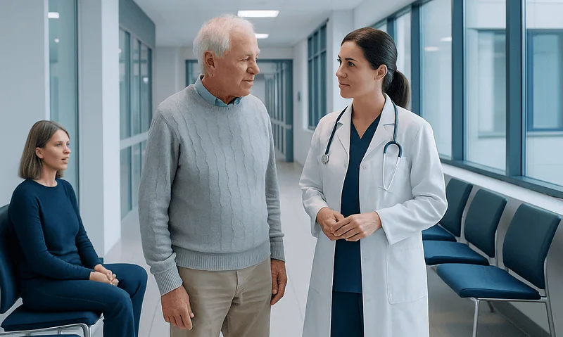 Older man consulting with a female doctor in a hospital corridor.
