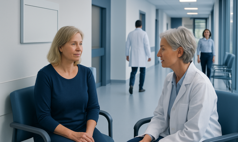 Menopause Hormone Therapy: Who It Helps, Risks, and Expected Benefits 8 Doctor consulting with a middle-aged woman in a hospital corridor.