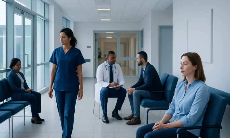 Medical professionals and patients in a hospital waiting area.
