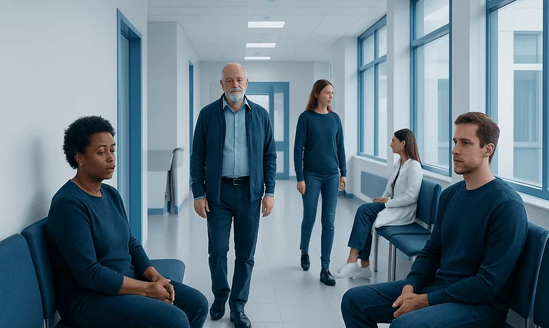 Psychiatric consultation with patients in a hospital corridor.
