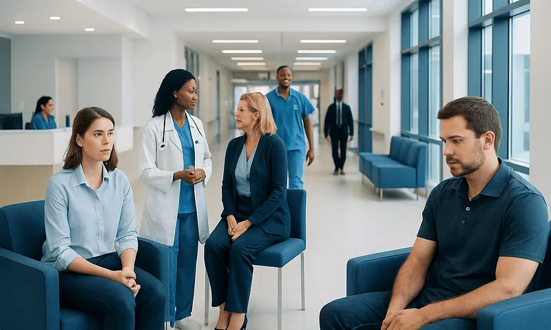Medical professionals and patients in a hospital waiting area.