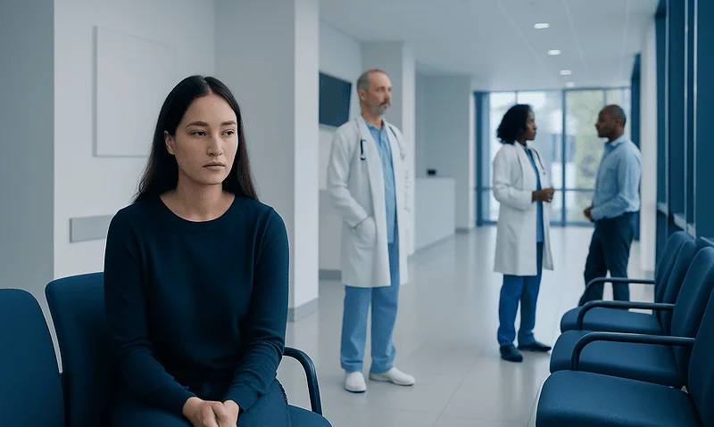 Young woman waiting in hospital corridor with doctors in background.