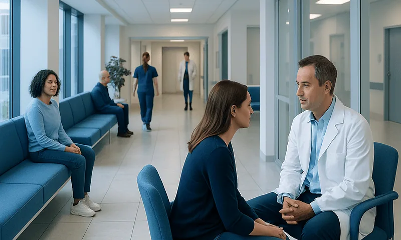 Mental health consultation in a hospital corridor with doctor and patient.