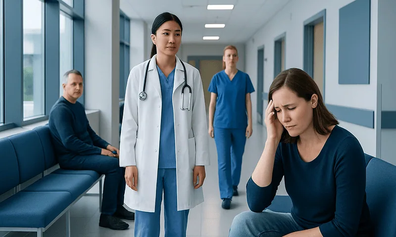 Patient experiencing headache in hospital corridor with medical staff nearby.