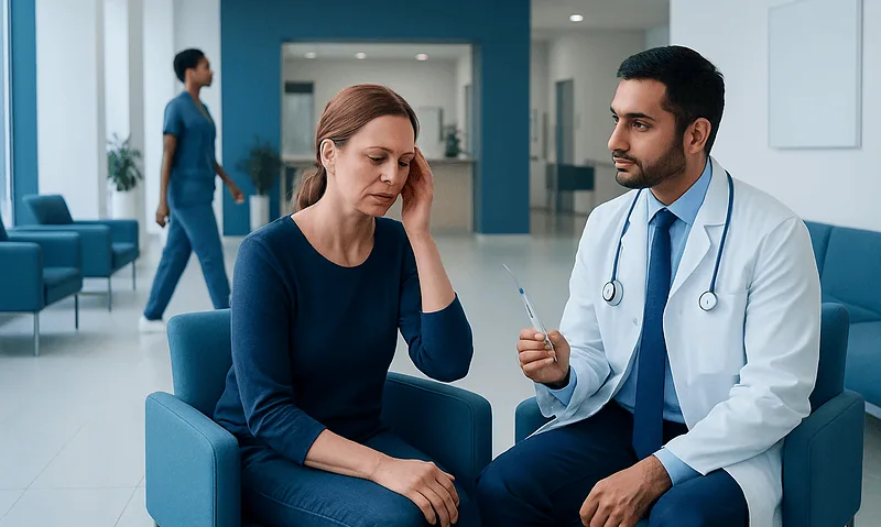 Doctor consulting with a woman patient in a modern hospital waiting area.