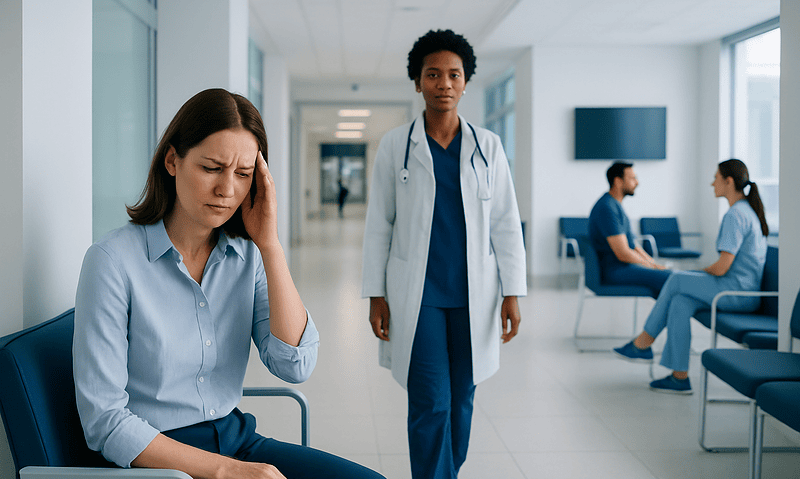 Patient with headache in hospital waiting area with medical staff nearby.