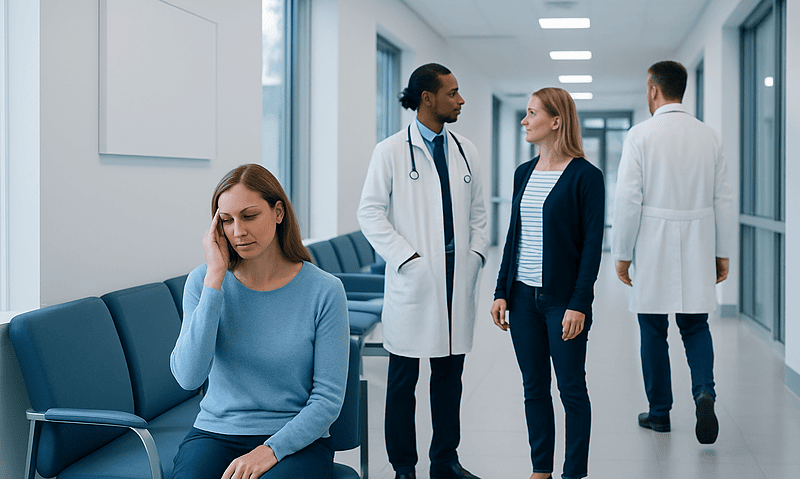 Patient experiencing headache in hospital corridor with doctors nearby.