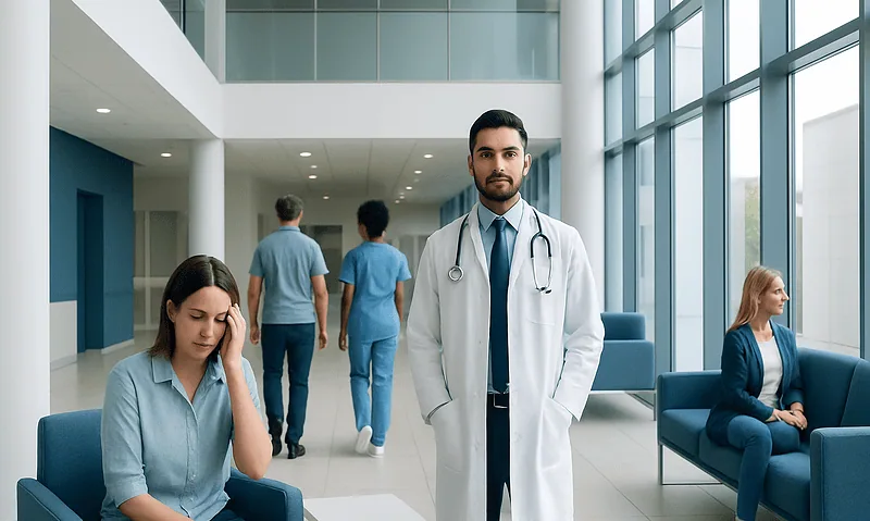 Medical staff and patients in a modern hospital lobby.