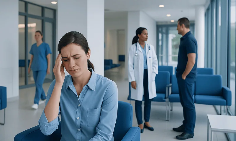 Woman with headache in hospital waiting area with medical staff in background.