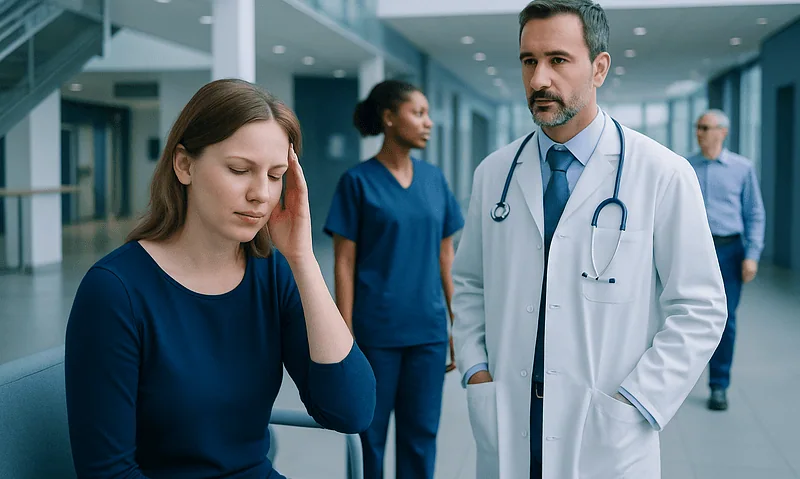 Patient experiencing headache consultation with doctor at hospital.