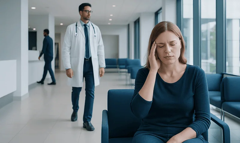 Woman with headache in hospital waiting area, doctor approaching.