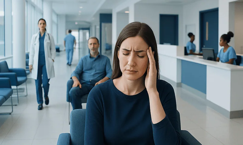 Woman with headache in hospital waiting area.