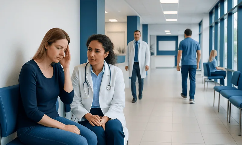 Patient consulting with a healthcare professional in a hospital corridor.