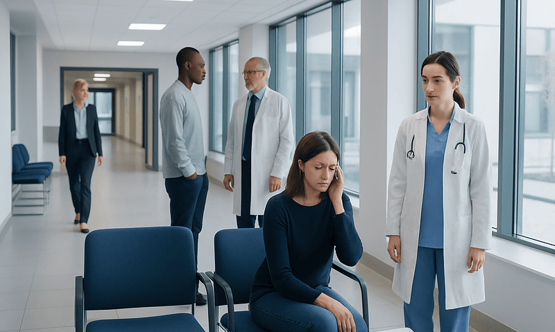 Patient experiencing headache in hospital corridor with medical staff nearby.