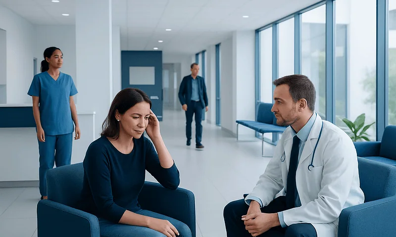 Doctor consulting with a patient in a modern hospital corridor.