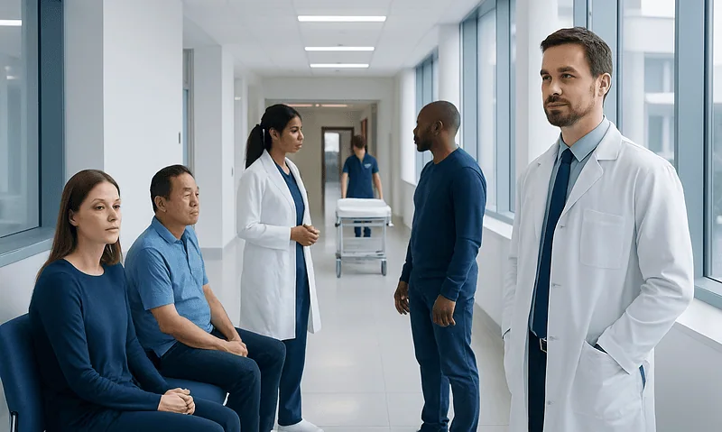 Medical team discussing patient care in hospital corridor.