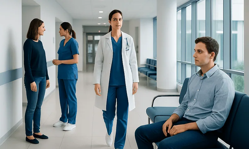 MR Neurography: Advanced Imaging for Nerve Pain and Injury 14 Medical staff and patient in hospital corridor with large windows.