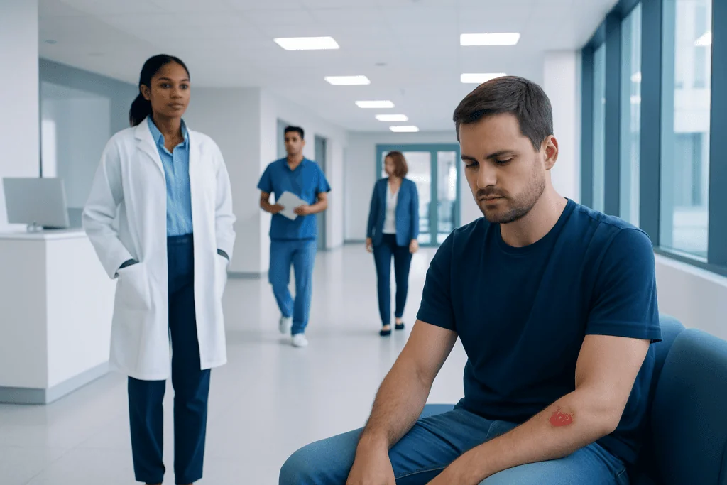 MRSA Skin Infection: Symptoms, Spread, and Treatment Options 1 Patient with skin infection in hospital corridor with medical staff nearby.