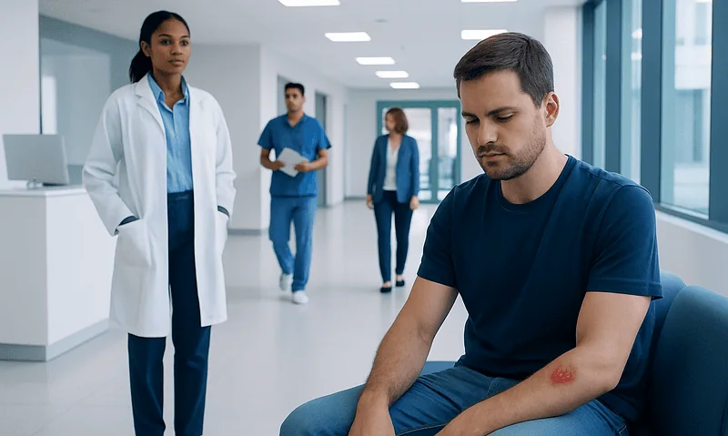 Patient with skin infection in hospital corridor with medical staff nearby.