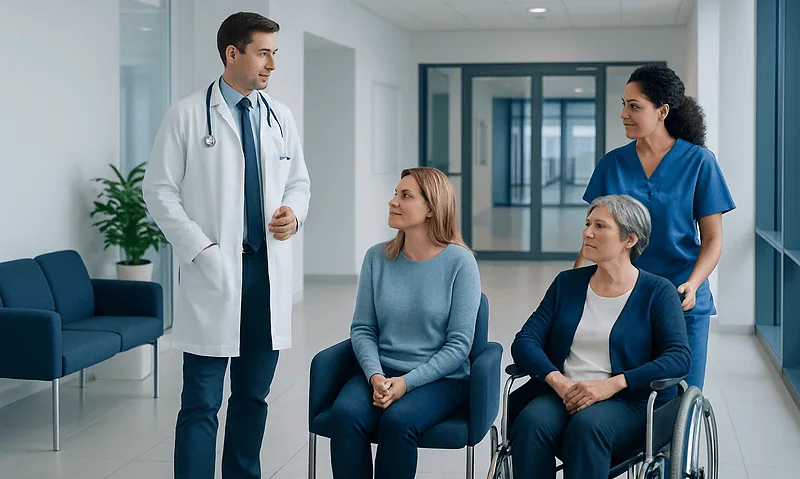 Doctor consulting with multiple sclerosis patients in hospital corridor.