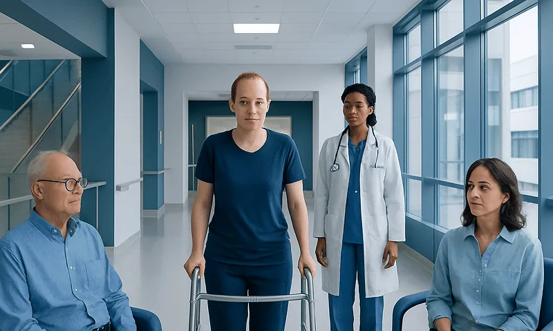 Patient using walker with medical staff in hospital corridor.