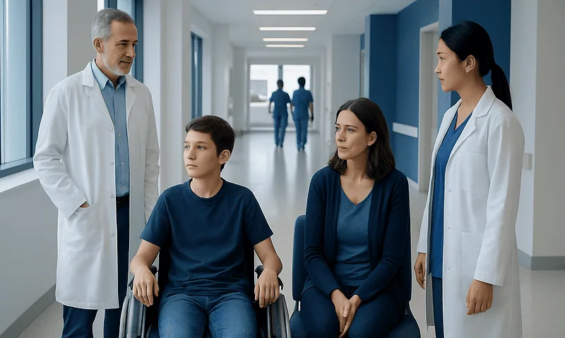 Medical team consulting with a young patient in hospital corridor.