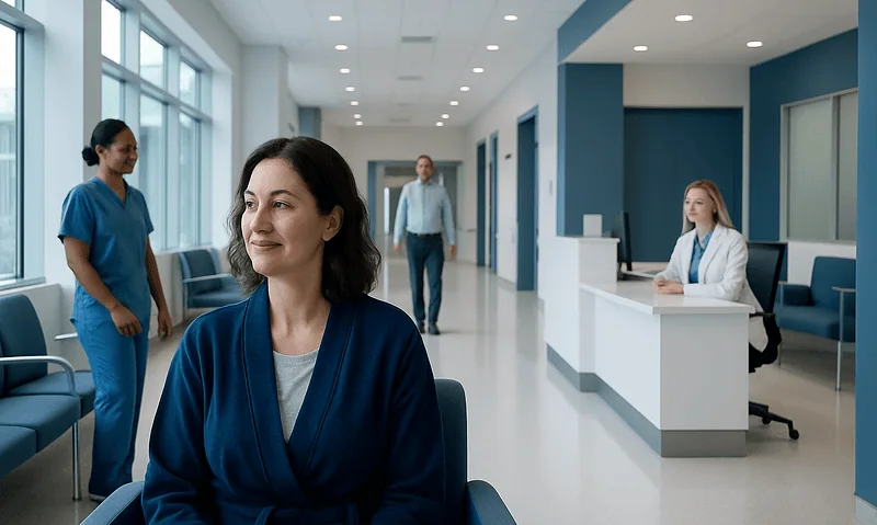 Myomectomy Recovery: Healing Time, Activity Limits, and Fertility Planning 18 Patient waiting in a modern hospital corridor at Acibadem Hospitals Group.